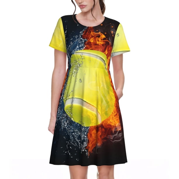 Easygdp Tennis Ball In Fire And Water para Vestido Transpirable de Mujer, Vestido Suelto de Manga Corta con Pliegues y Bolsillos para el Verano
