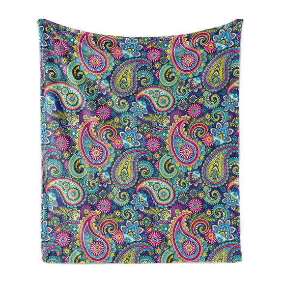 Navy and Blush Soft Flannel Fleece Blanket, Old Fashioned Eastern Floral Paisley Motif Vintage Oriental Elements, Cozy Plush for Indoor and Outdoor Use, 50" x 70", Pink Blue Yellow, by Ambesonne