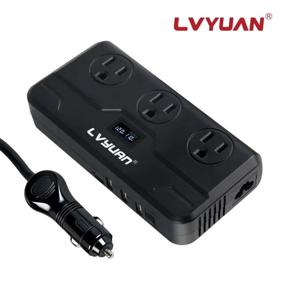 LVYUAN 200W Car Power Inverter, Converter 12V DC to 110V AC Car Adapter with 3 AC, PD & QC 20W USB, Dual 4.8W USB Ports Fast Charging, LED Display, for Laptop, Vehicles, Road Trip, Camping Black