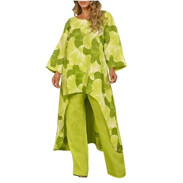Mikilon Ensemble Élégant pour Femmes 2 Pcs Été Imprimé Irrégulier Pull Manches Longues Col Rond Jaune 2TG