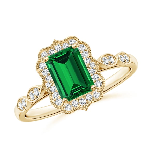 ANGARA Lab Grown 1 Ct Vintage Inspired Emerald Ornate Halo Engagement Ring for Women in 14K Yellow Gold (Size-7x5mm) | May Birthstone, Anniversary, Jewelry Gift for Women | Lab-Grown Emerald Ring