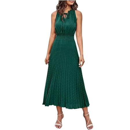 

YanHoo Women s Swing Dresses Sleeveless Waisted Ruched Slimming Dress Summer Ladies Flowy Midi Dress with Belt