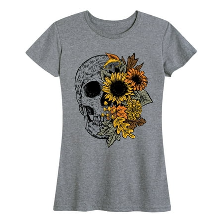 Skull With Fall Foliage - Women And Plus Size Short Sleeve Graphic T-Shirt