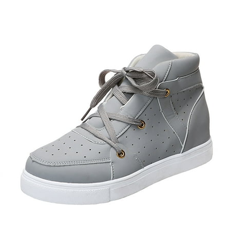 

SEMIMAY Ladies Fashion Solid Color Leather Surface Breathable High Top Lace Up Flat Casual Grey
