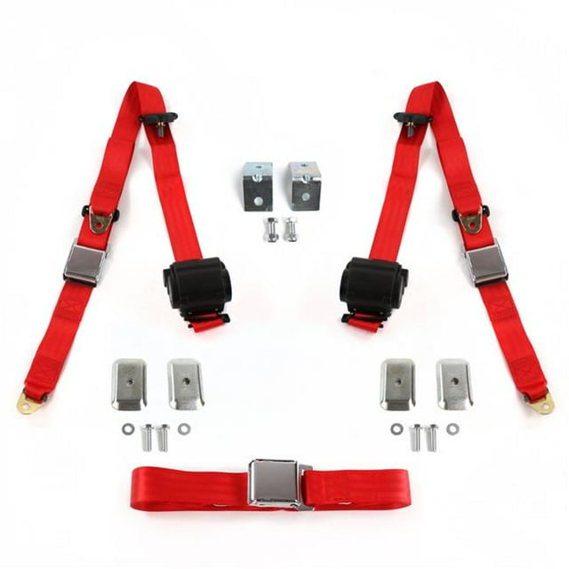 Red Retractable Bench Seat Belt Kit with Bracketry for 1900-1927 Early Cars Airplane 3 Point - 3 Belts