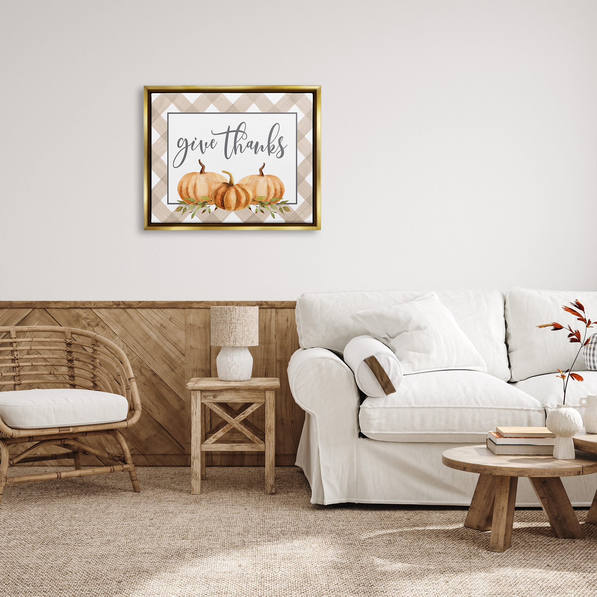 Stupell Industries Give Thanks Calligraphy Autumnal Tartan Pumpkin Border Graphic Art Metallic Gold Floating Framed Canvas Print Wall Art, Design by Lettered and Lined