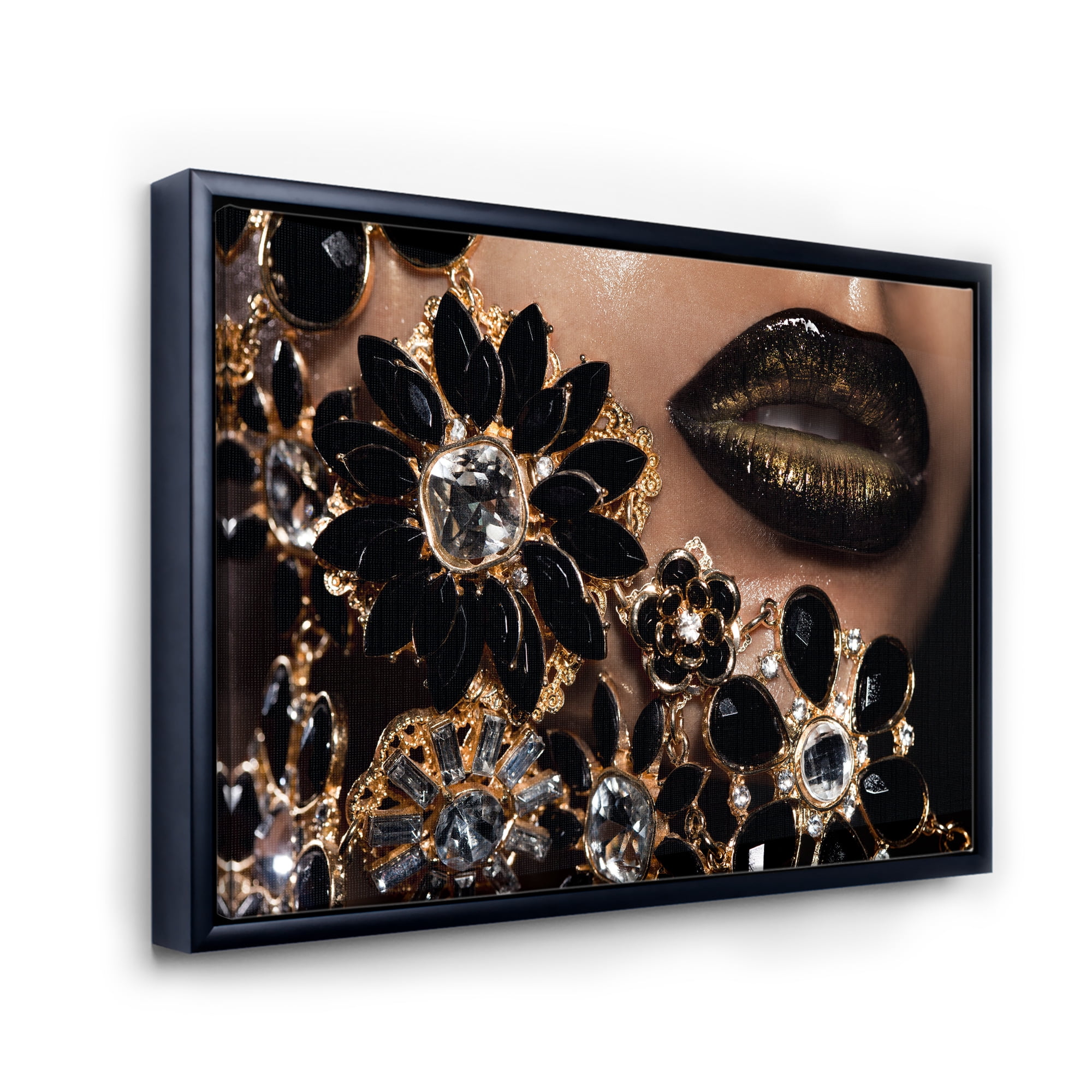 Designart 'Woman Lips With Golden Jewelry' Modern Framed Canvas Wall Art Print
