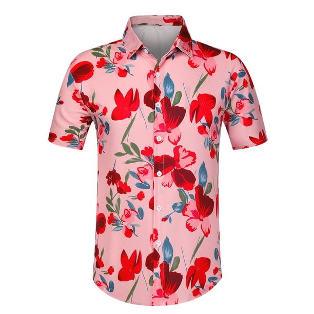 Lars Amadeus Camisa hawaiana de playa con botones y mangas cortas con estampado floral de verano para hombre Rosado rojo XL Unique Bargains Camisa