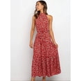 thumbnail image 4 of Women'S Summer Polka Dot Print Sleeveless Halter Neck Flowy Ruffle Hem Long Boho Dresses with Belt Wine Red XXL, 4 of 6