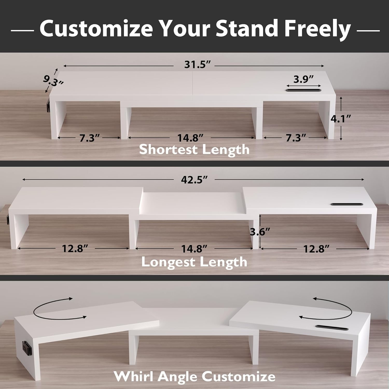 Dual Monitor Stand Riser with Smartphone Holder, Adjustable Length & Swivel Angle, Ergonomic Wooden Desktop Organizer for PC Monitor, Laptop, Printer, Large Storage, White