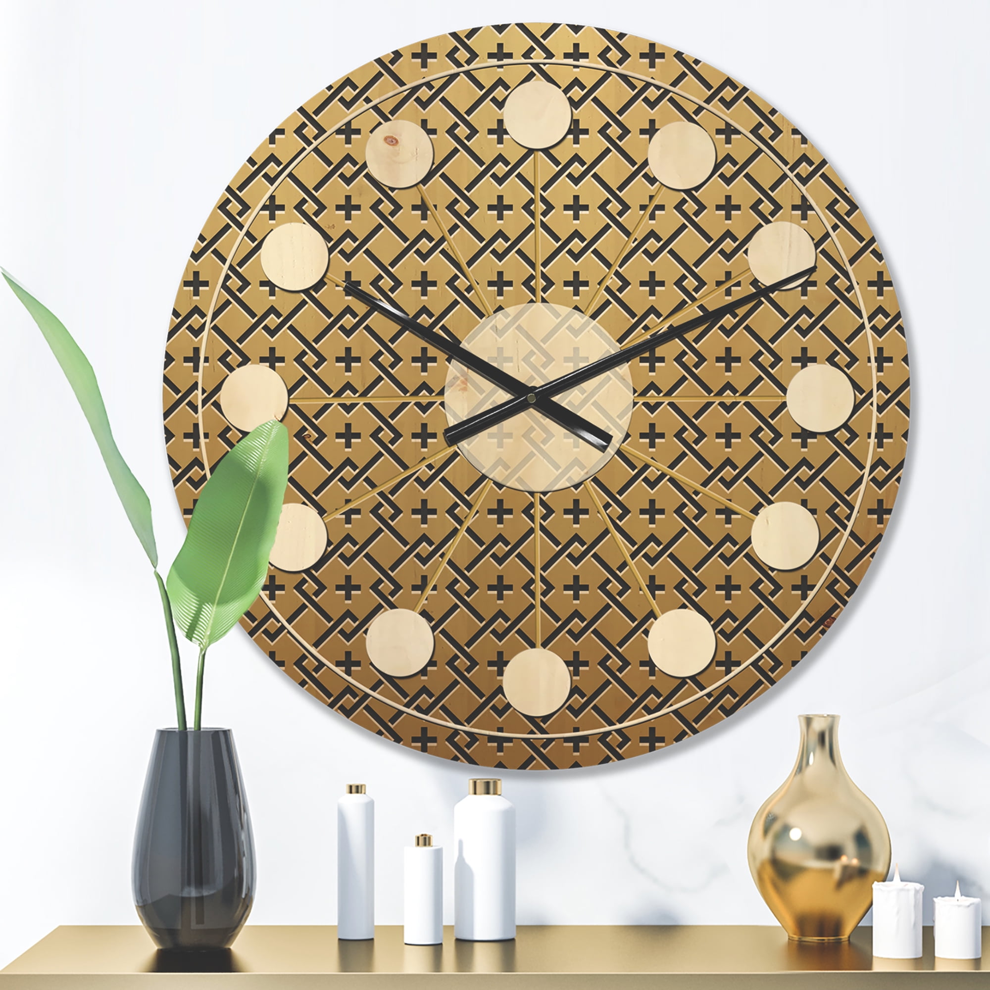 Designart 'Metallic Golden Luxury Geometrics XII XVIII' Mid-Century Modern Wood Wall Clock