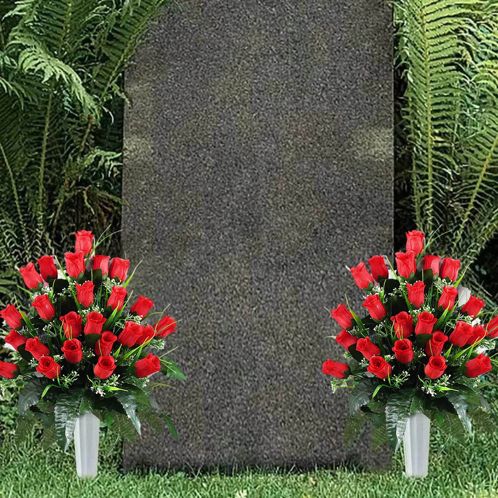 6PCS Artificial Cemetery Flowers - Outdoor Grave Decorations with Rose Bouquets,Saddle Flowers for Headstones - Beautiful Sympathy Arrangements with Vase for Lasting Memorial Decor