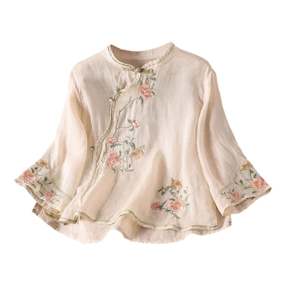 Womens Embroidered Blouse Floral Print Asymmetric Button Front Three Quarter Sleeve Summer Casual Beige L