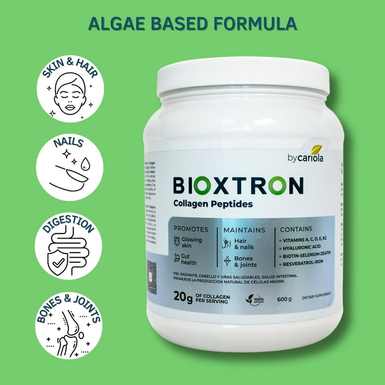 Bioxtron Collagen Peptides Powder - Skin Support, Hair & Nails Support - Stem Cell Renewal Bones & Joinst Support - Type I Collagen - AFA Hyaluronic Acid - 21 Oz
