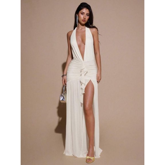 Apricot Deep V-Neck Halter Ruched Maxi Dress With Side Slit And Tie Detail