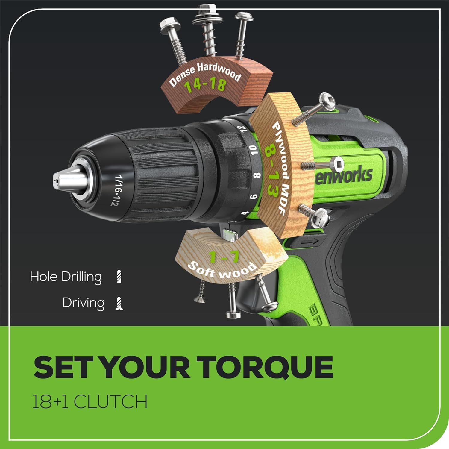 Greenworks 24V 310 in./lbs Brushless Drill Kit with 2Ah Batteries and Charger, 8-Piece Bit Set and Tool Bag Included