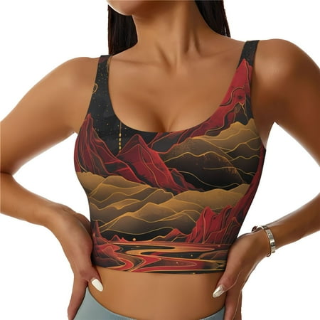 Qokaie Lunar Mountains Golden Rivers Pattern Womens Scoop Neck Sports Bra Breathable Workout Vest Padded U Back Medium Impact Fitness Gym Yoga Bra Workout Crop Top-