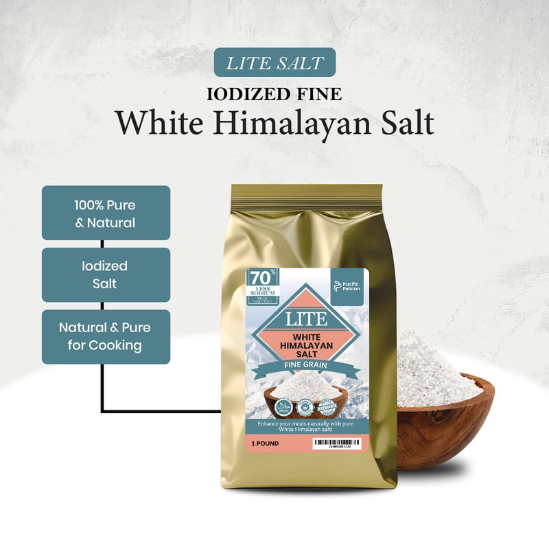 Pacific Pelican Iodized Lite White Himalayan Salt | 70% Less Sodium | Fine Grain, Unrefined, Pure Rock Salt, 100% Natural & Organic for Cooking, Seasoning & Wellness (1 LB) (Pack of 2)