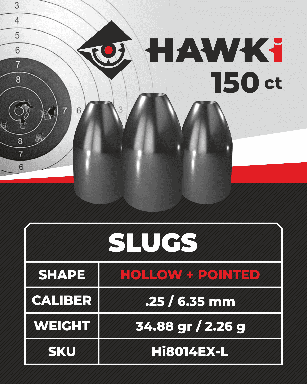 Hawki Airgun Pellets for Air Rifles Slug Light .25 cal / 6.35mm Caliber (34.88 gr/2.26 g) 150 ct Hi8014EX-L | Designed for Hunting