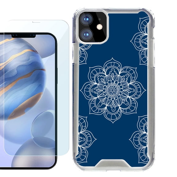 For Apple iPhone 12 Case, iPhone 12 Pro Case, Hybrid Bumper Phone case, with Tempered Glass Screen Protector, by OneToughShield ® - Mandala / Blue