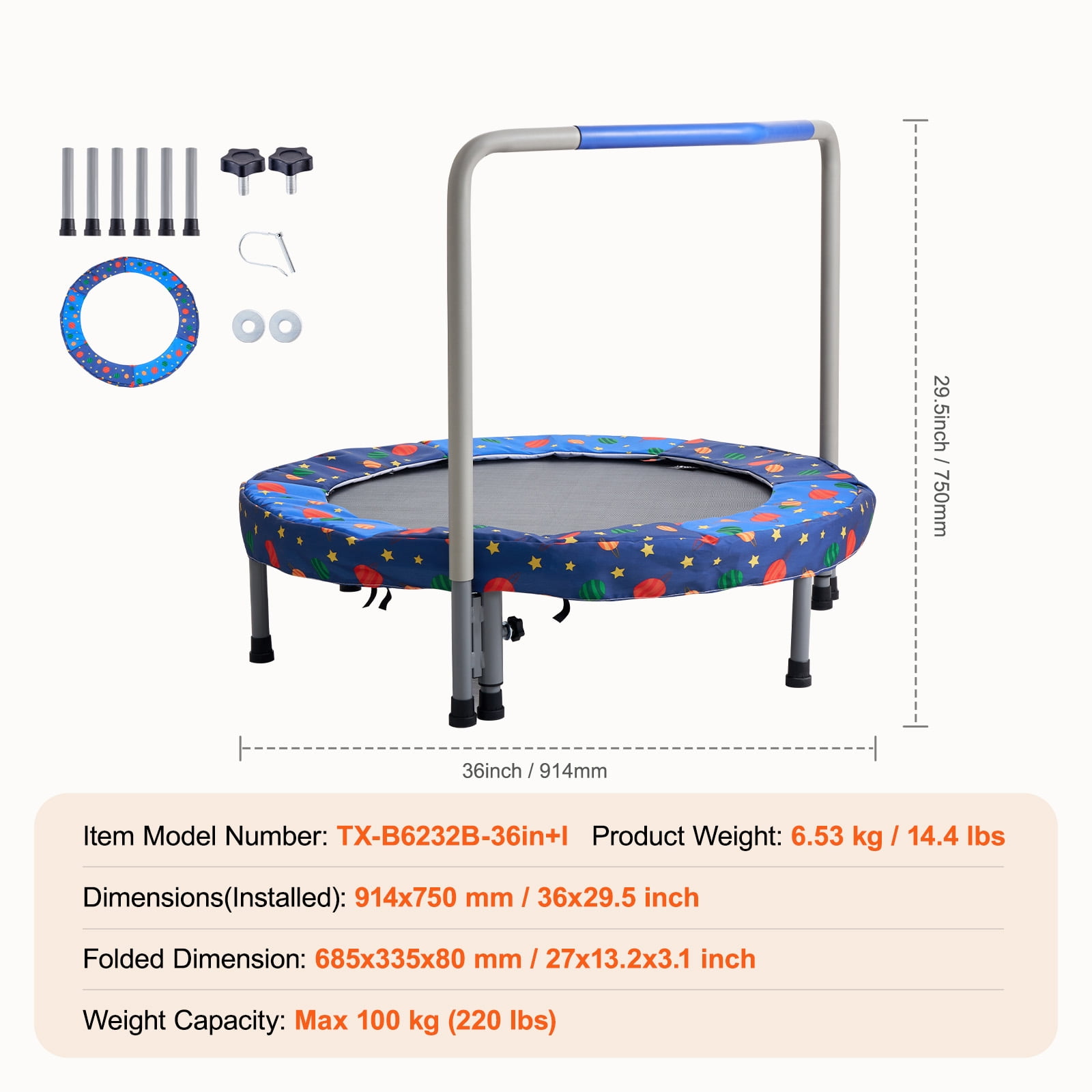 KFFKFF 36" Children's Trampoline, Suitable for Indoor and Outdoor Use, 3FT Compact Trampoline with Support Bar, Bouncy Trampoline for Young Kids