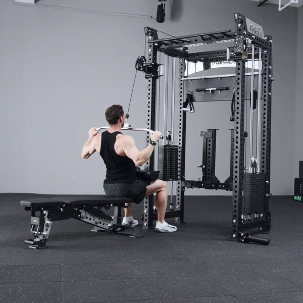 Mikolo Anubis-2.0 Smith Machine with Weight Stack, 3“×3” All-in-One Power Cage with LAT Pulldown & Cable Crossover, 3200LBS Multi-Function Trainer with Aluminum Pulley System with Weight Bench