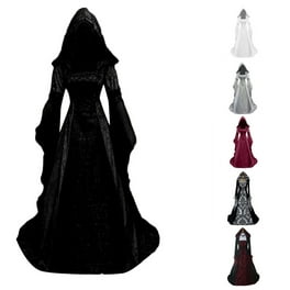 IEEILULU Robe Médiévale à Capuche, Gothique, Costume Vintage Renaissance Femme Avec Corset, Oreilles D'Elfe Pour Cosplay Carnaval Halloween (Noir, M