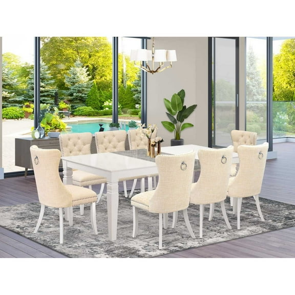 Rectangle Dining Set - 9 Piece Kitchen Table with 8 Chairs - Linen White Modern Dining Room Set