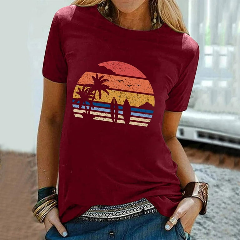 Western Shirts Casual Tee for Women T Shirt Short Sleeve Crewneck Beach Tops Vintage Country Graphic -