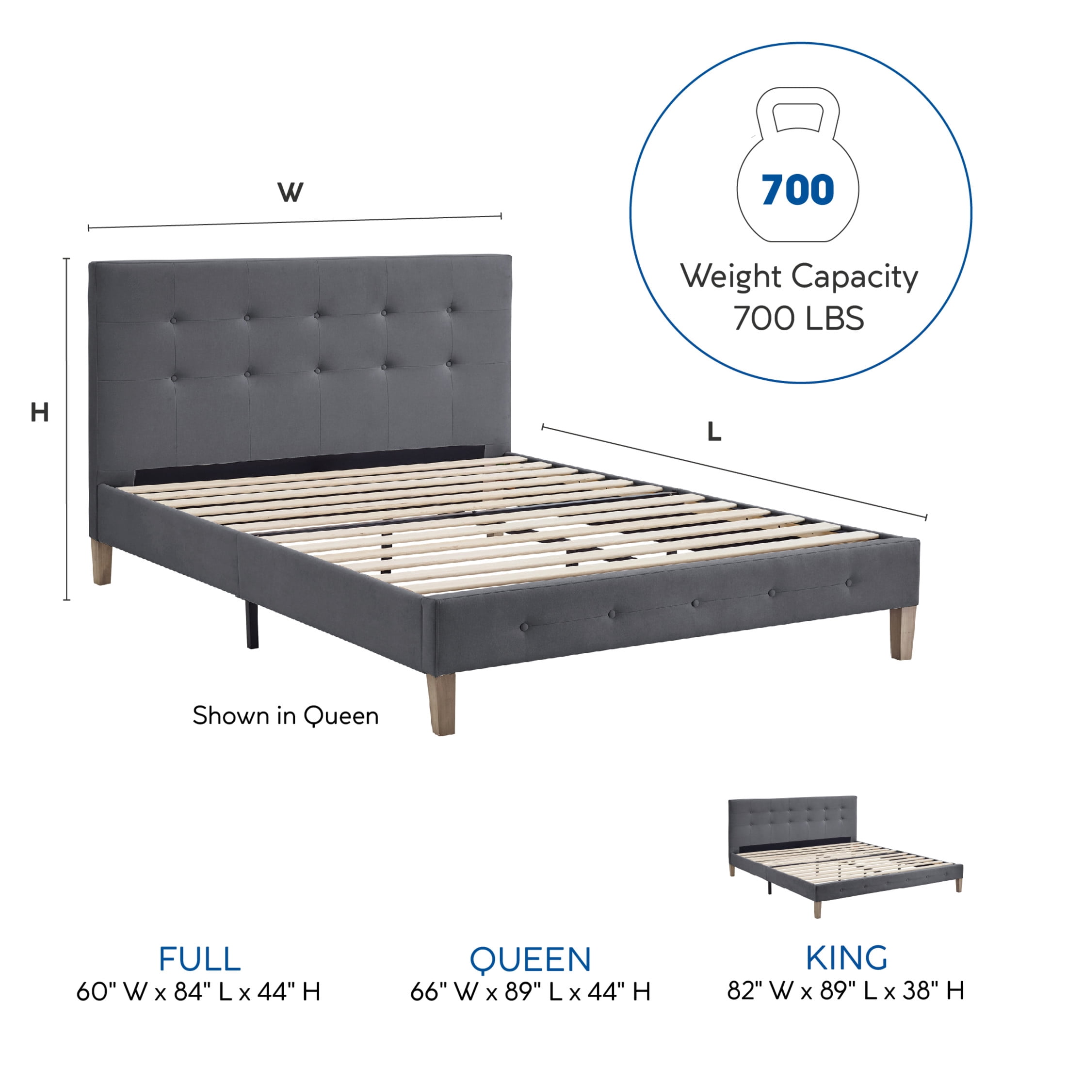 DeCoro Seattle Modern Tufted Upholstered Platform Bed | Headboard and Wood Frame with Wood Slat Support, King, Peyton Steel