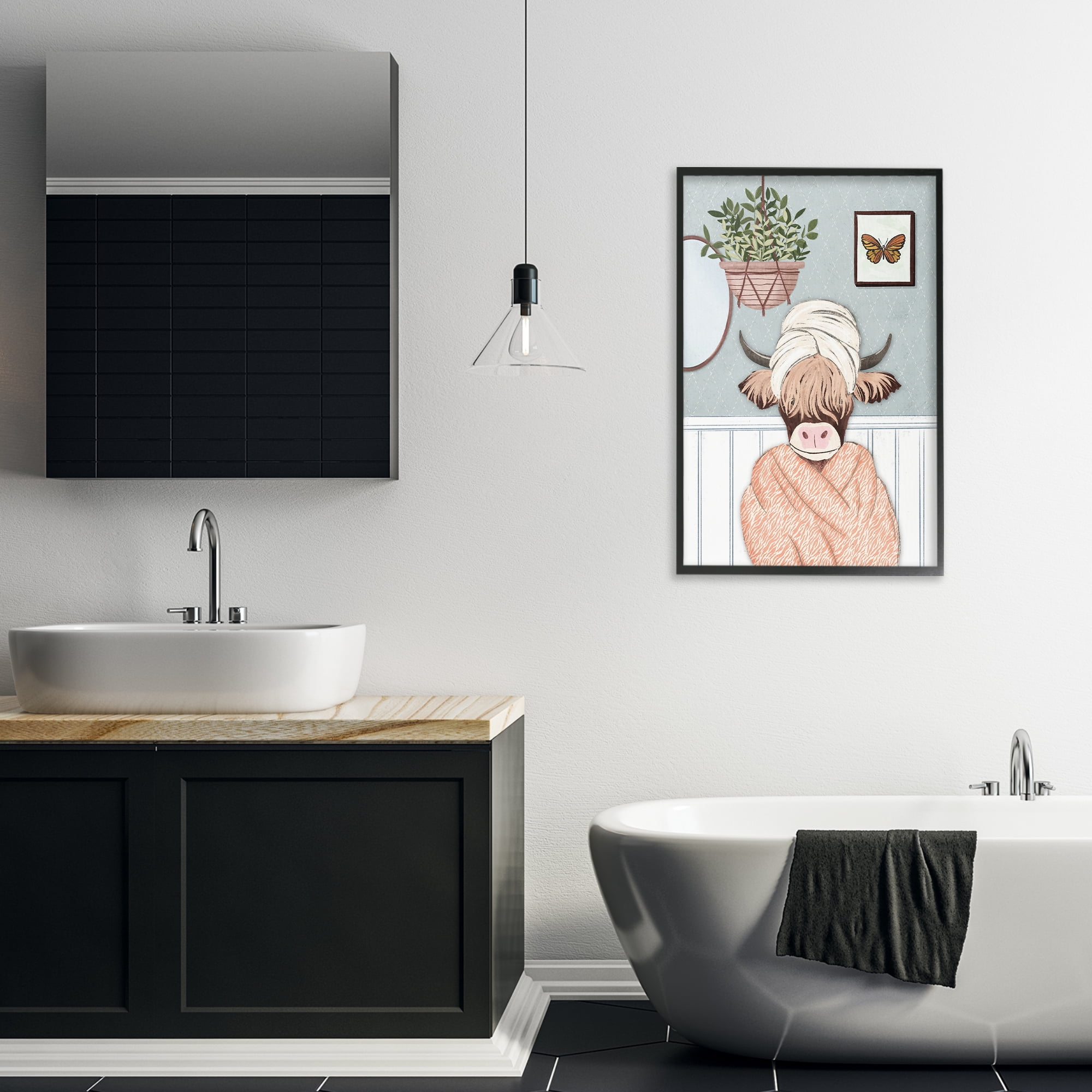 Stupell Industries Highland Cow Bathrobe Typography Painting Black Framed Art Print Wall Art, 20 x 30