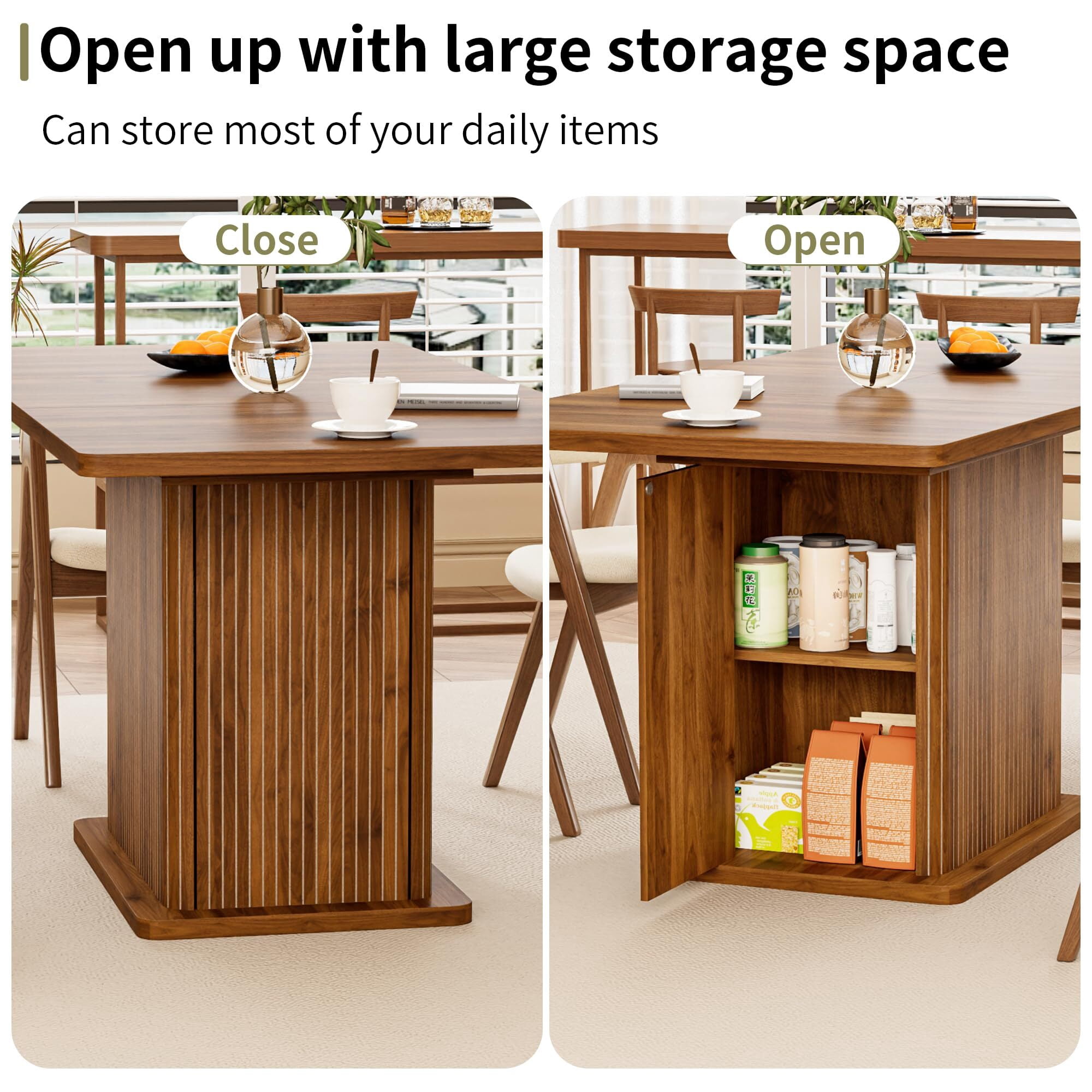 Extendable Black Dining Table 47-65", Seats 4-6, Fluted Wood Kitchen Table with Storage, Mid Century Modern, Walnut