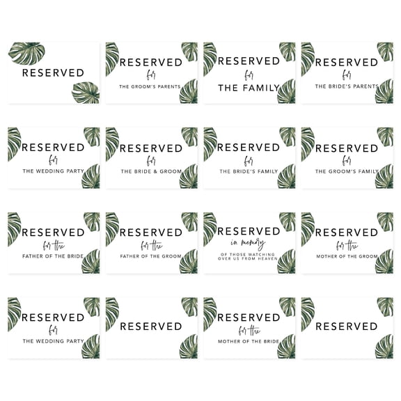 Koyal Wholesale Monstera Palm Leaves Table Reserved Signs for Wedding Reception, Ceremony, Table Tent Cards, 16-Pk