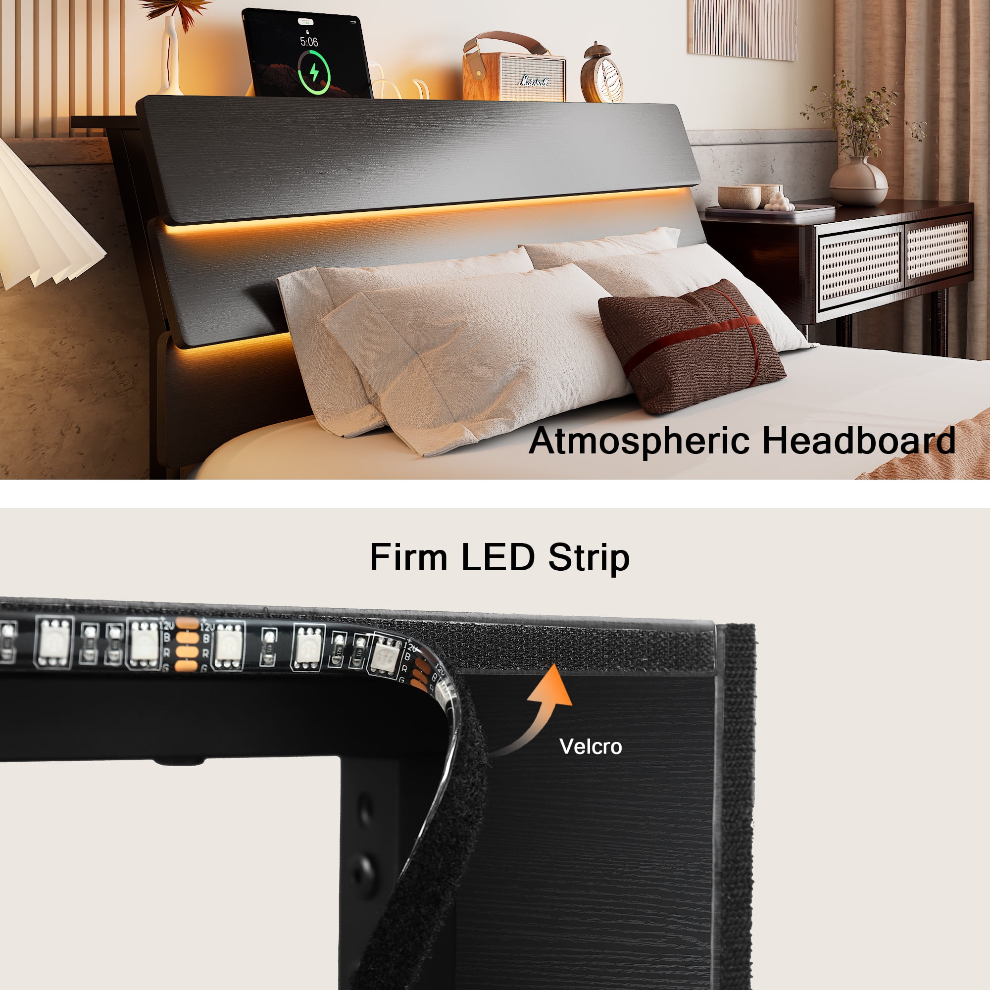 Einhomn Floating Bed Frame Queen Size with Storage Headboard, LED Lights and Charging Station, No Box Spring Needed