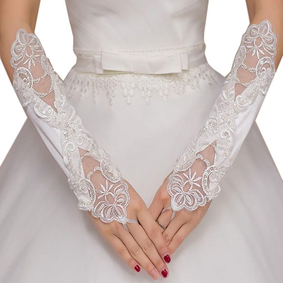 Bridal Fingerless Gloves, White Lace with Pearl, Embroidered Floral Satin Wedding Arm Sleeve Gloves