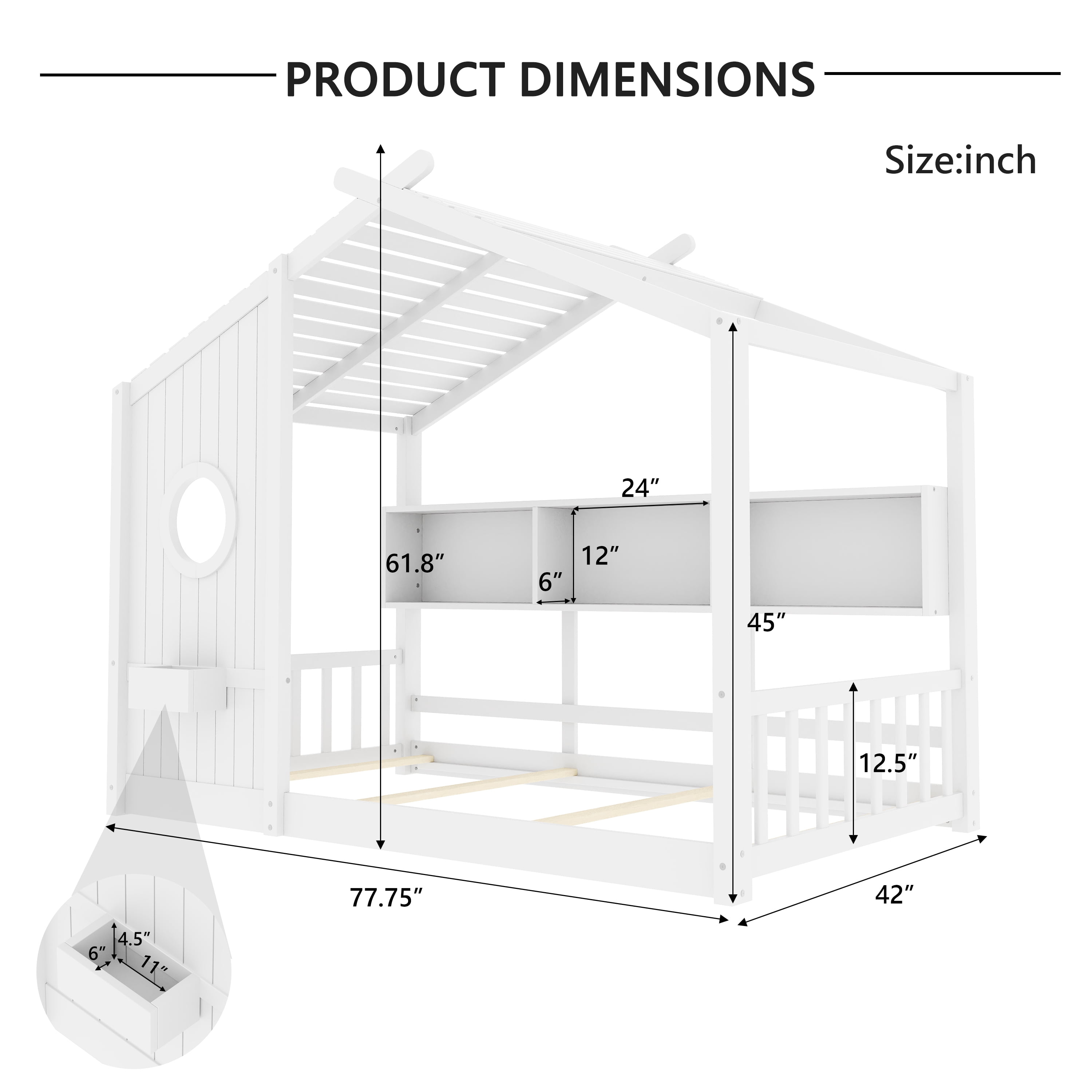 Twin Size Floor Bed for Toddlers and Kids with Roof Design Montessori Style Playhouse Bed with Storage Shelf White