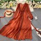 thumbnail image 2 of One SizeSpring Autumn Women's Holiday Dress 2021 New Thin Chiffon Retro Print Lace-up Waist Slim Long Dress For Women QS975 yaoshenbao LED, 2 of 2