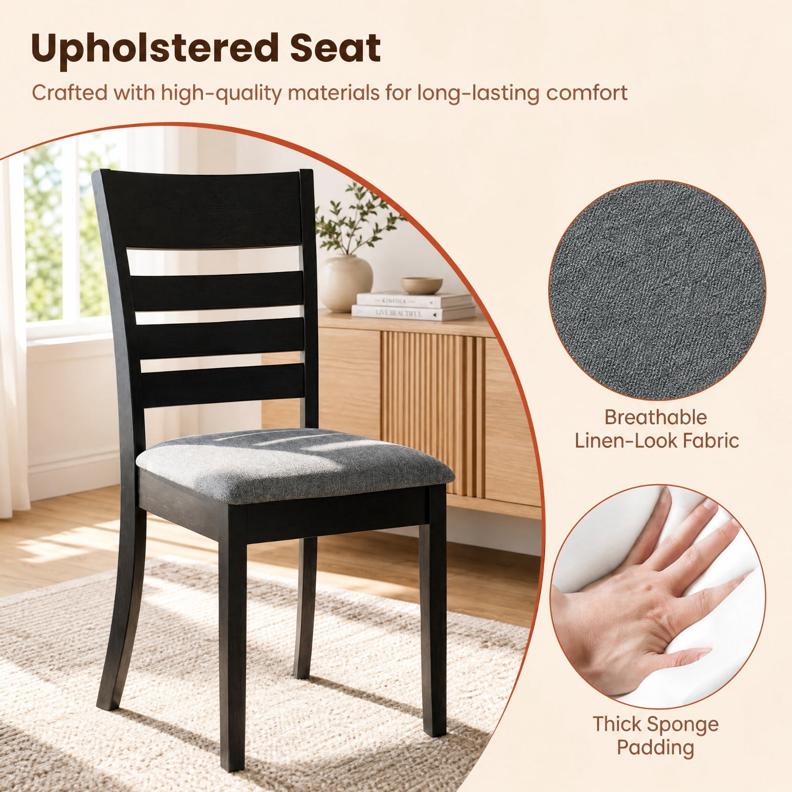 Furnibear Upholstered Dining Chairs Set of 2 Kitchen Chairs with Rubber Wood Frame and Padded Fabric Seat for Dining Room, Black