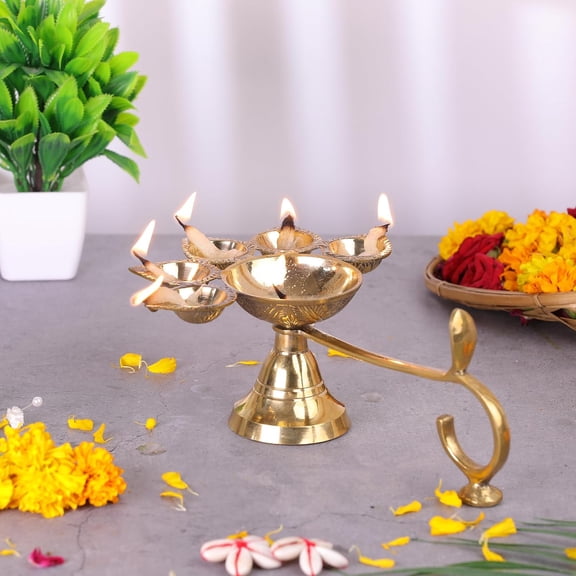 Brass Diya for Puja Five Face Diya || Aarti Diya Brass with Handle Akhand Diya for Puja