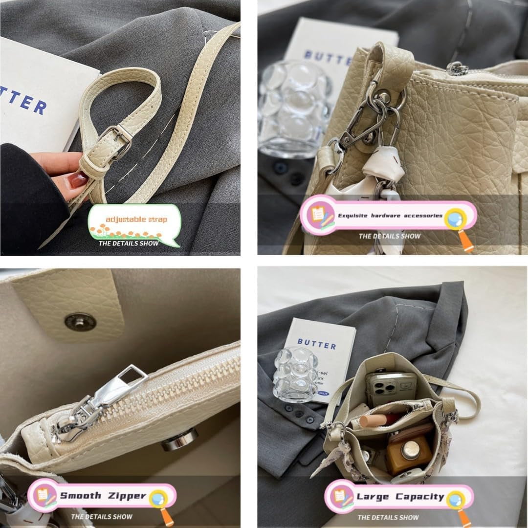 Leather Bucket Bag with Thick Chain for Women Hobo Bucket Bags and Purses Casual Crossbody Shoulder Bucket Handbag