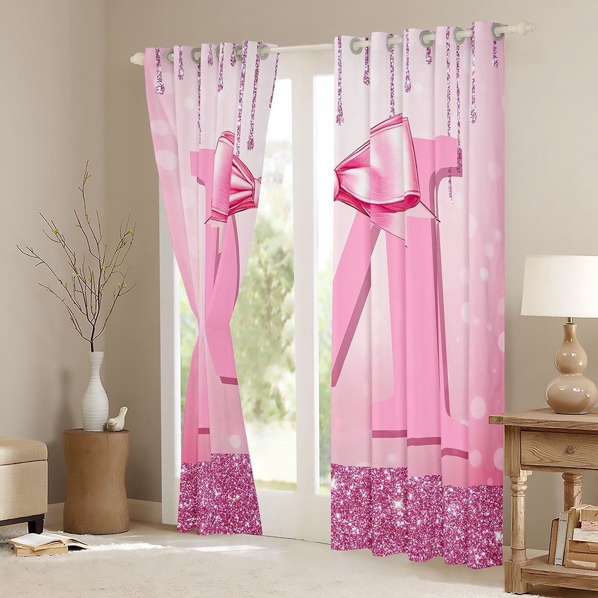 jejeloiu Monogrammed M Blackout Curtains Set of 2 (52x84 Each),Cute Girls Bowtie Window Curtains,Pink Glitter Print Curtains and Drapes For Child,Microfiber Room Decorative