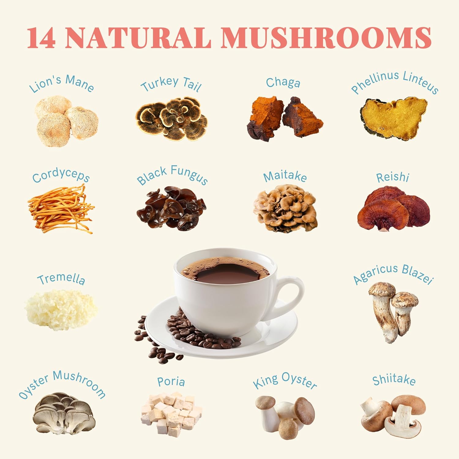 Decaf Mushroom Coffee, Instant Coffee Mix, 30 Servings | Sugar-Free, Decaffeinated Coffee Powder Blend | 14 Mushroom Extract for Immune Support & Focus, 3.2 OZ