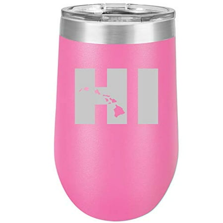 

16 oz Double Wall Vacuum Insulated Stainless Steel Stemless Wine Tumbler Glass Coffee Travel Mug With Lid HI Hawaiian Islands Hawaii (Hot Pink)
