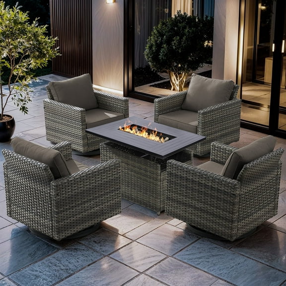 Gymojoy Outdoor Patio Furniture Set with Fire Pit Table, Rattan Wicker Swivel Rocker Chairs Sets with Swivel Glider Chairs and Coffee Table