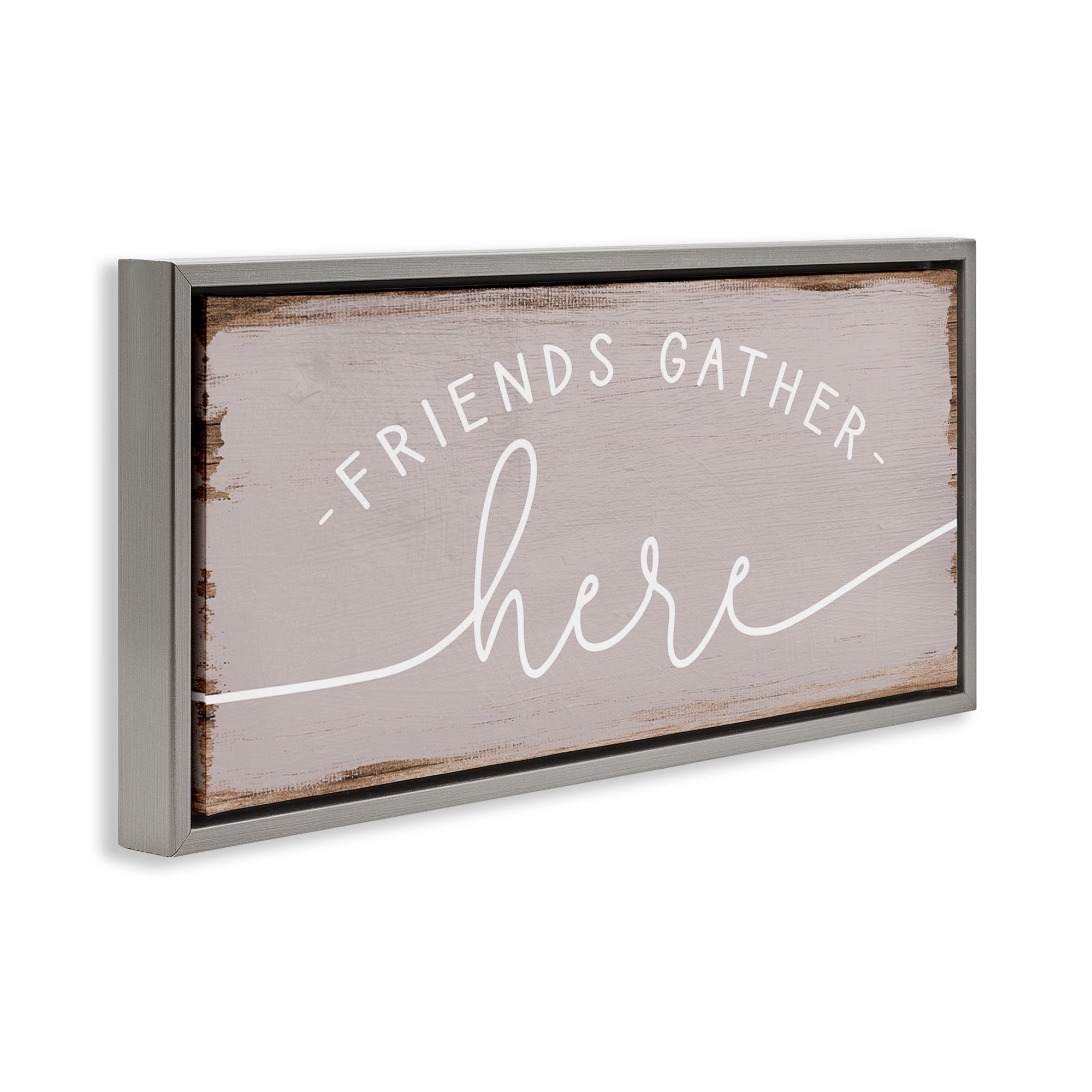 Stupell Industries Friends Gather Here Charming Typography Painting Gray Floater Framed Canvas Art Print Wall Art, 31 x 14