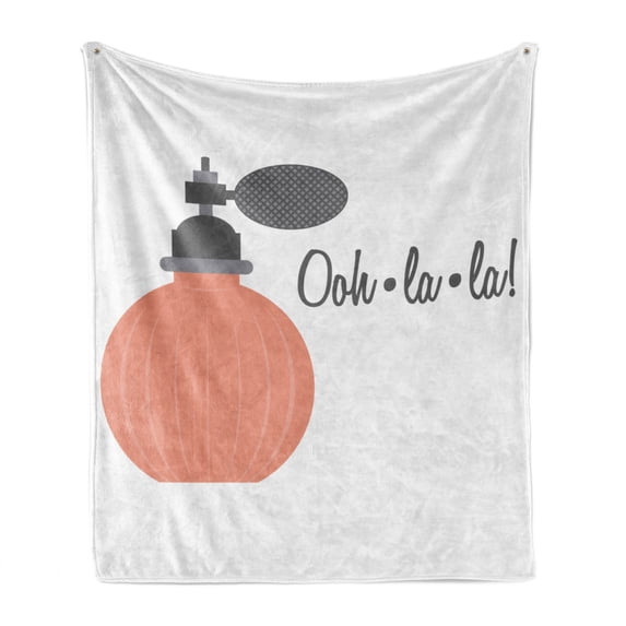 Ooh La La Soft Flannel Fleece Blanket, Graphical Illustration of a Perfume Bottle with Cursive Calligraphy Aromatic, Cozy Plush for Indoor and Outdoor Use, 50" x 70", Salmon and Grey, by Ambesonne