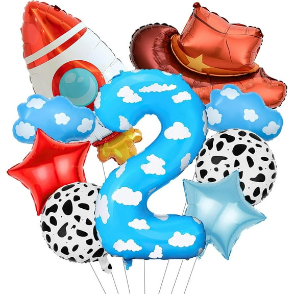 EP Toy Themed Decorations, 9pcs Cow Print Sky Blue Cloud Balloons with Rocket Balloon and Cowboy Hat Balloon for Kids Inspired Story 2nd Birthday Party Decorations (2nd)