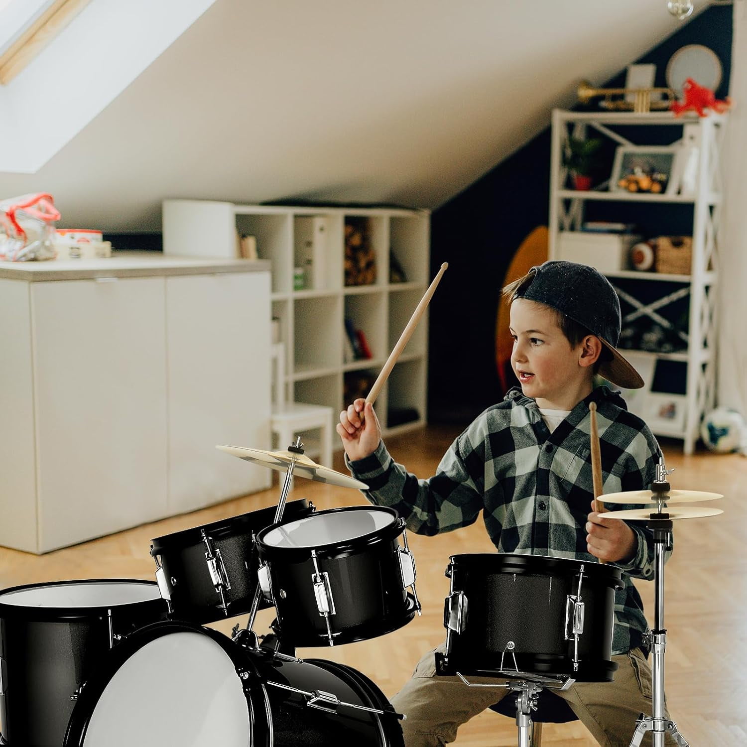 HarmonyStrings 5-Piece Complete Junior Drums Set, 14 Inch Beginners Drum Kit with Throne Stool, Pedal & Drumsticks, Drums Musical Instruments W/Cymbal, Hi-Hat, Floor, Tom and Snare Drum 16"x11" Black