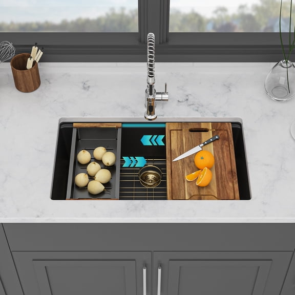 Acpouw Quartz Kitchen Sink - 33" x 19" x 9.65" Black Granite Composite Workstation Undermount Single Bowl Kitchen Sink