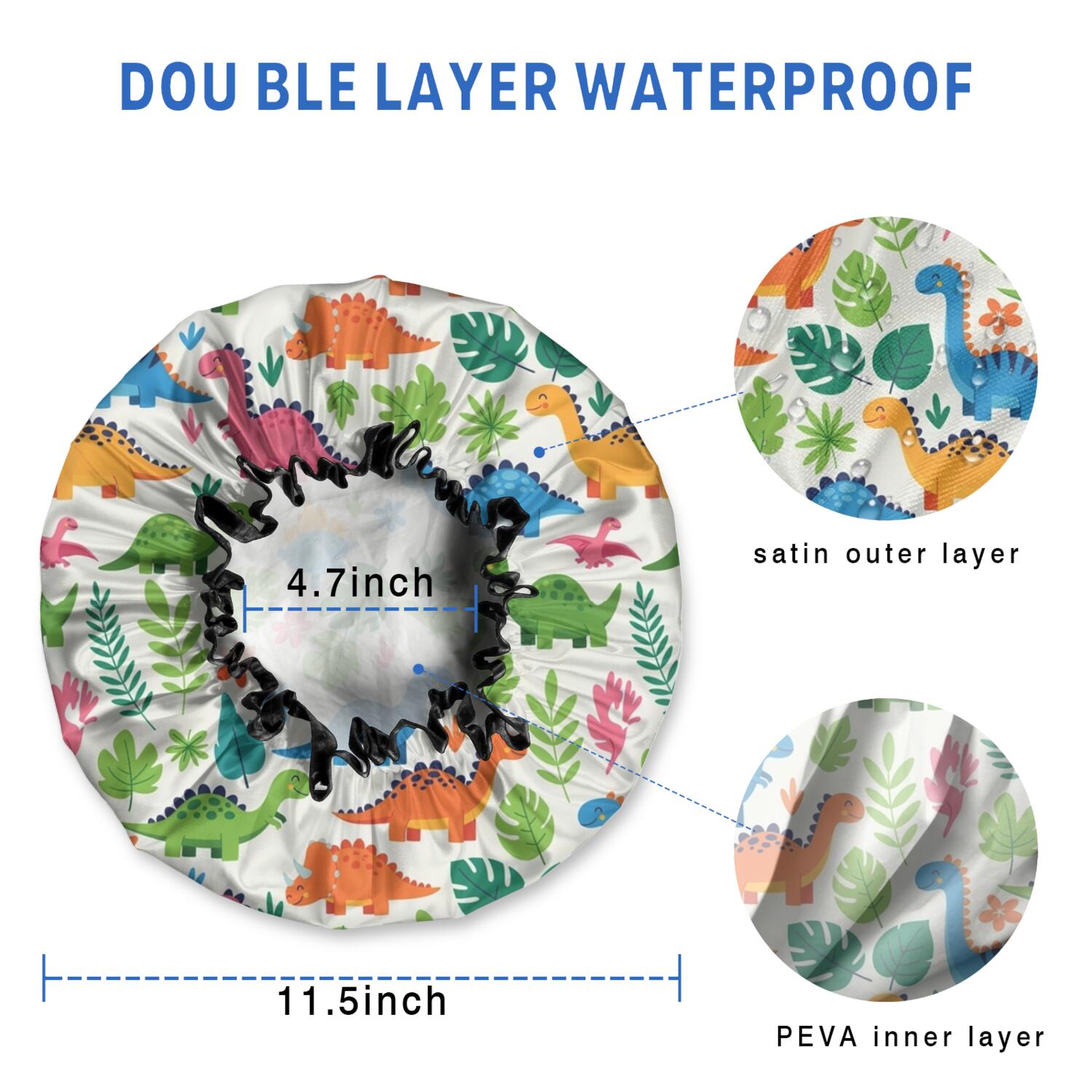 Shower Caps,White Cartoon Dinosaurs Jungle Pattern Waterproof Shower Cap for Women 4 Pieces,Double Reusable Hair Cover for Shower PEVA Elastic Stretch Hem